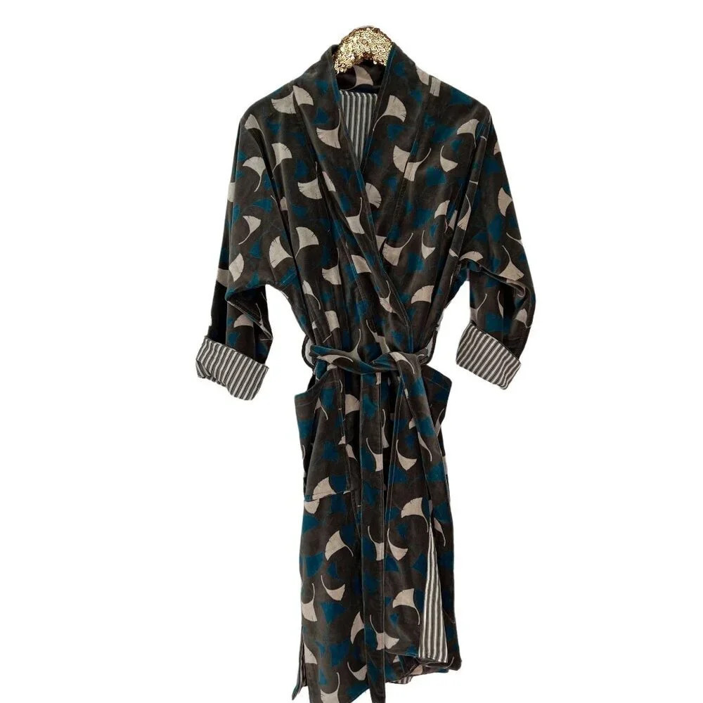 Long Cotton Velvet Block Print Robe